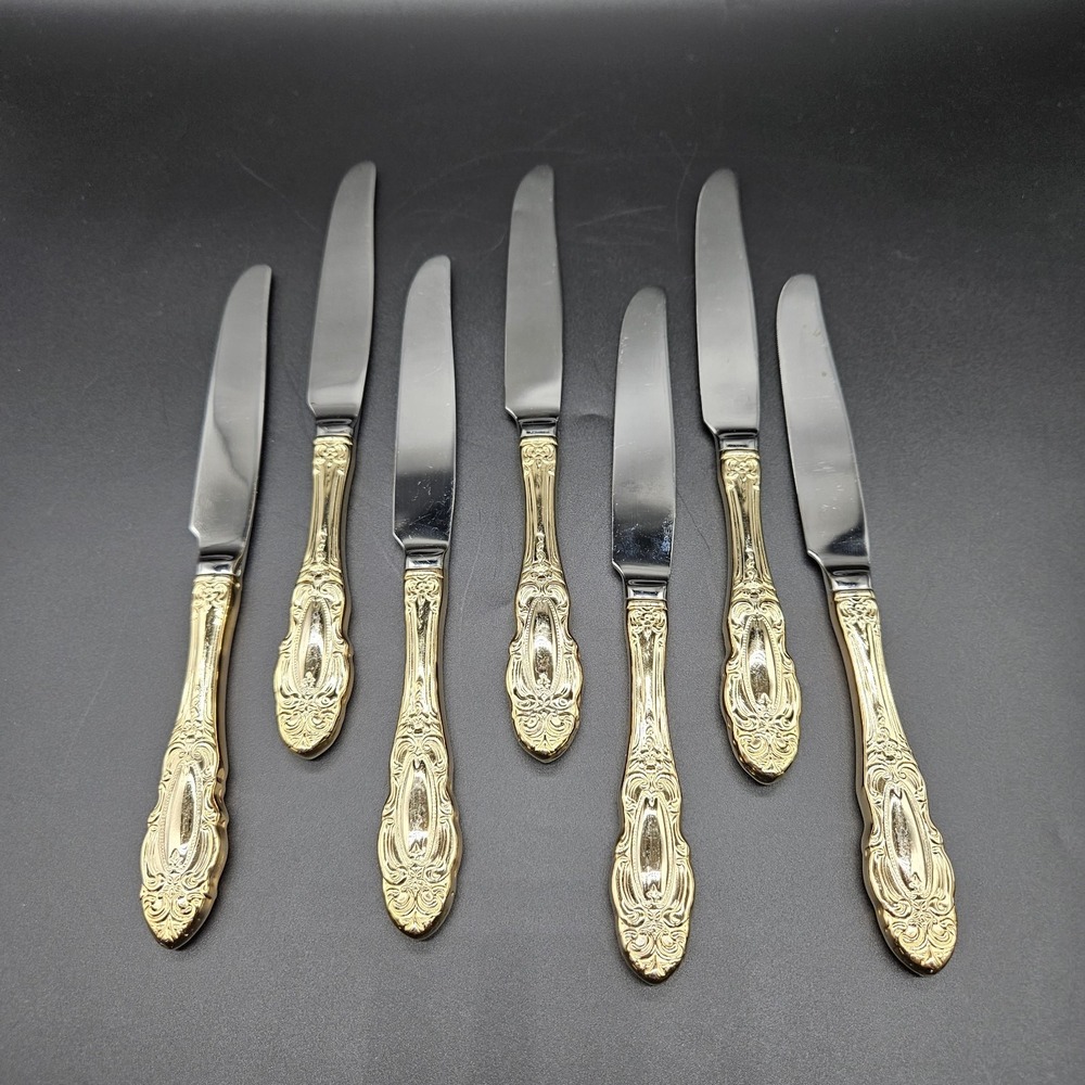 Towle Gold Electroplate Stainless 7 Dinner Knives Flatware TWS545 Cameo Scrolls